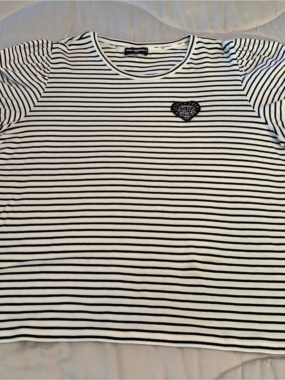 Karl Lagerfeld Black and White Striped Short Sleeve Tee with Heart Patch